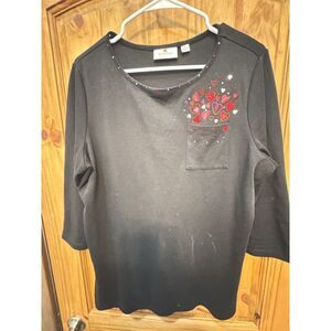 Quacker Factory Shirt Women's Black Heart Print Embellished Valentine's Size M‎